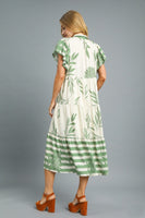 Umgee Two Toned Striped and Tropical Floral Print Midi Dress in Sage