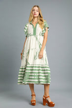 Load image into Gallery viewer, Umgee Two Toned Striped and Tropical Floral Print Midi Dress in Sage
