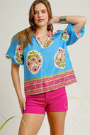 Umgee Floral Print Top with Contrasting Print Trim in Blue