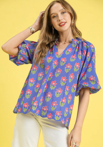 Umgee Exclusive Floral Print Top in Periwinkle Mix