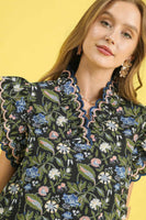 Umgee Scalloped Edge Detail Floral Print Top in Black