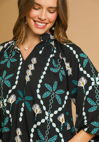 Umgee Floral Abstract Print Top in Black