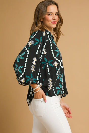 Umgee Floral Abstract Print Top in Black