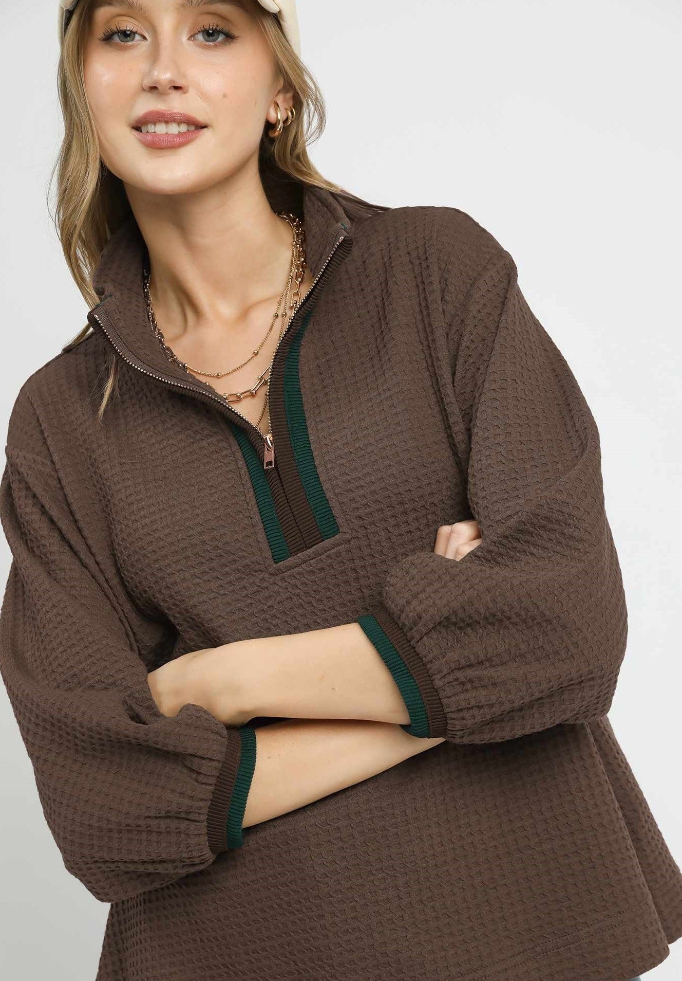 Umgee Waffle Knit Pullover Top with Contrasting Trim in Coffee S