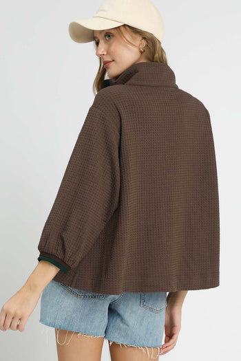 Umgee Waffle Knit Pullover Top with Contrasting Trim in Coffee