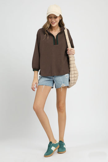 Umgee Waffle Knit Pullover Top with Contrasting Trim in Coffee S Umgee Waffle Knit Pullover Top with Contrasting Trim in Coffee S