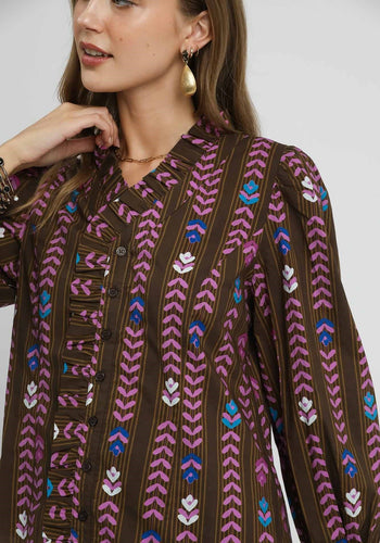 Umgee Copyright Striped Floral Print Top in Brown Mix