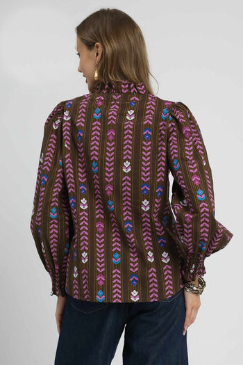 Umgee Copyright Striped Floral Print Top in Brown Mix