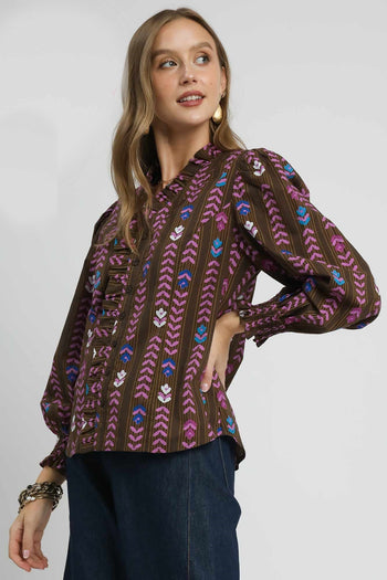 Umgee Copyright Striped Floral Print Top in Brown Mix