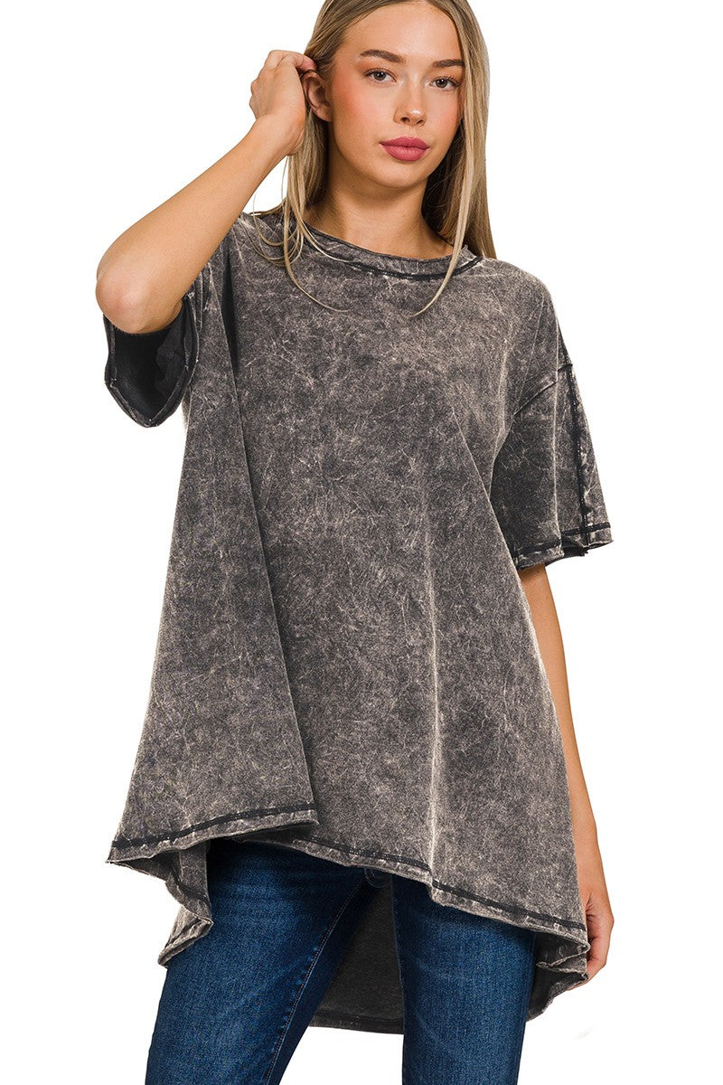 Mineral Washed Oversized Top in Ash Black Shirts & Tops Zenana   