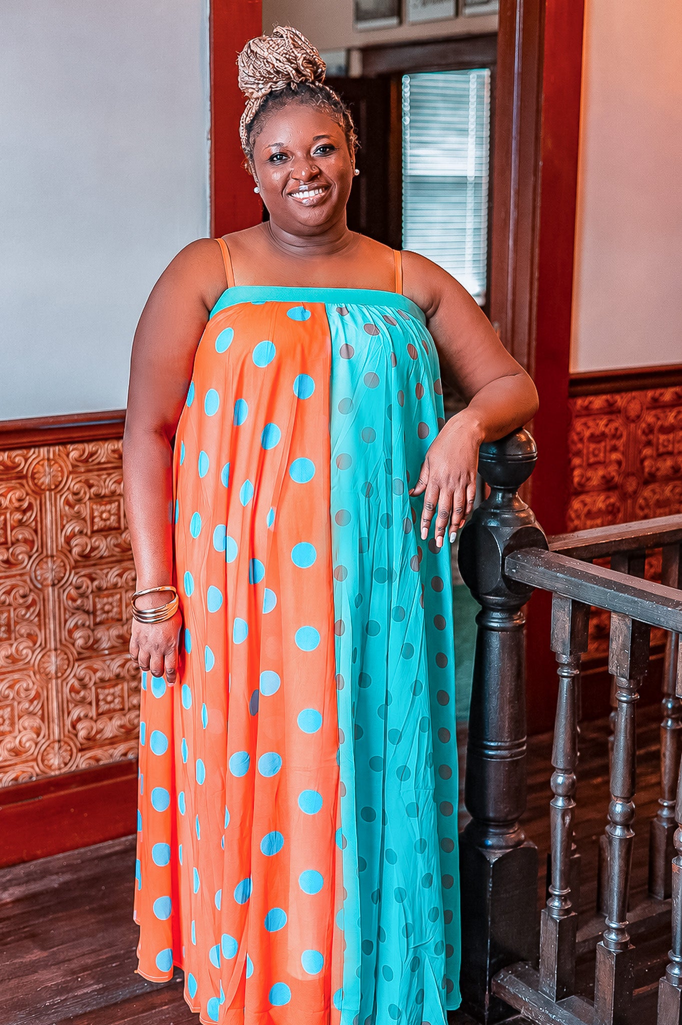 J.nna Split Color Block Polka Dot Maxi Dress in Coral Mint S at June Adel