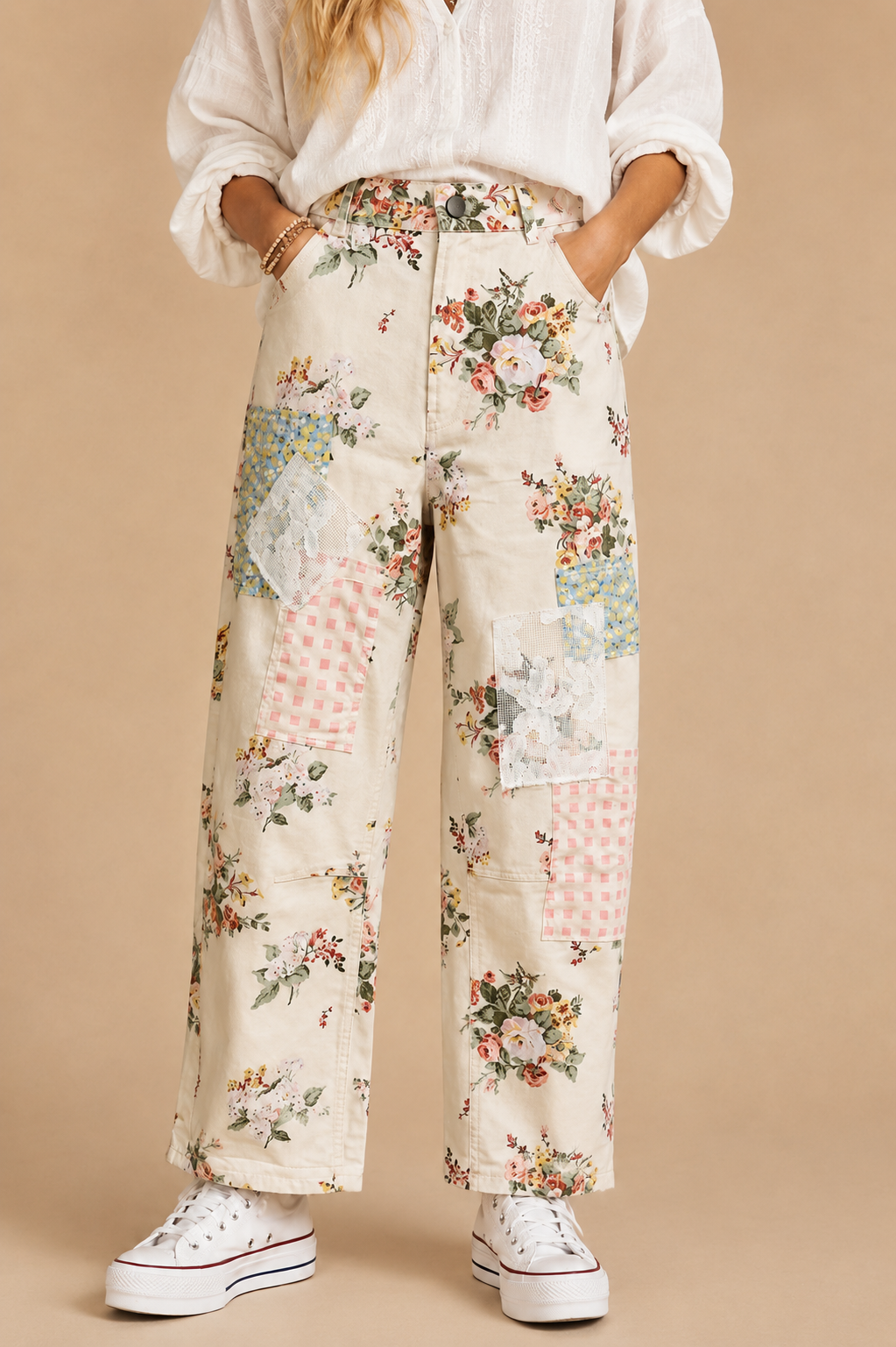 J.nna Floral Pattern Muti Patchwork Pants in Ivory Floral – June Adel