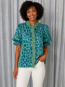 entro Leopard Print Top with Contrasting Plaid Print in Green