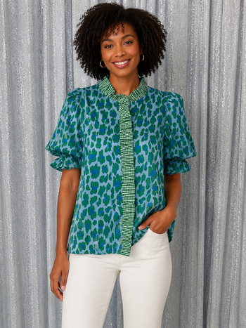 entro Leopard Print Top with Contrasting Plaid Print in Green