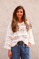 POL Ribbed Floral Print and Lace Top in Cream Multi