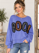 Peach Love Leopard ‘BOO’ & Lace Patch Sweatshirt in Dusty Violet