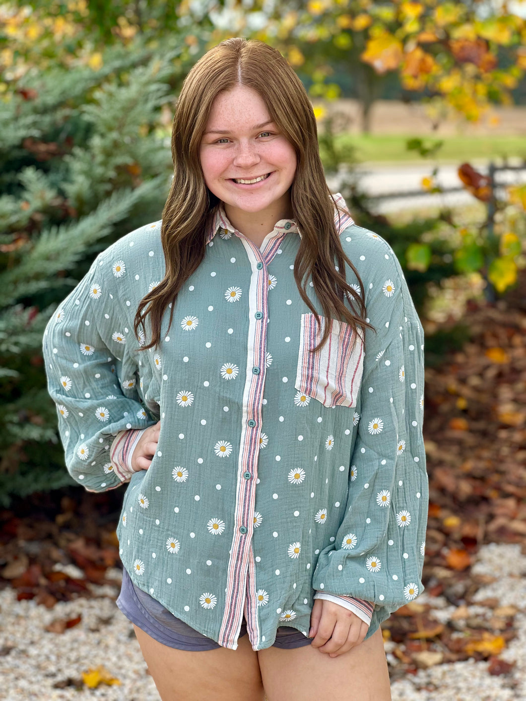 Easel Floral Print Button Down Top in Sage