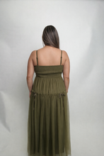 Load image into Gallery viewer, Listicle Ruched Mesh Bow Maxi Dress in Olive
