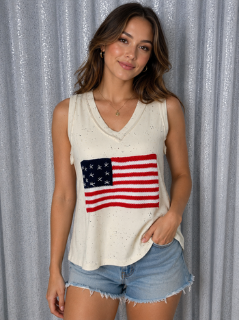 POL Ribbed Knit American Flag Patched Top in Cream