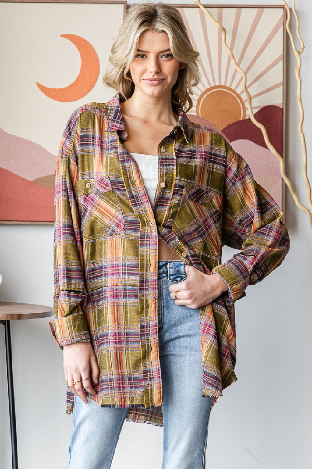 Oli & Hali Mineral Washed Plaid Shirt in Olive – June Adel