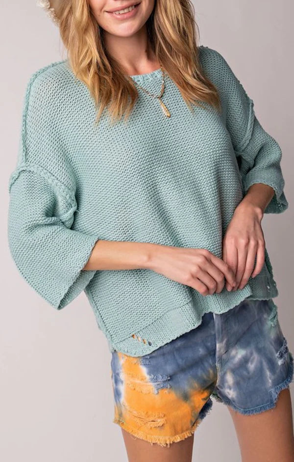 Easel Half Sleeve Knitted Boxy Sweater in Aqua Shirts & Tops Easel   