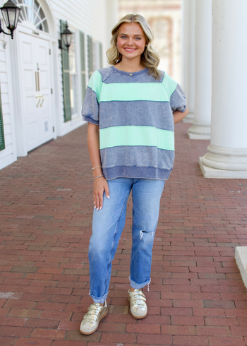 Easel Mineral Washed Boxy Rugby Striped Top in Denim Blue