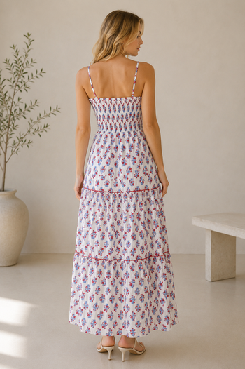 Peach Love Floral Print Front Bow Detail Maxi Dress in Off White/Coral