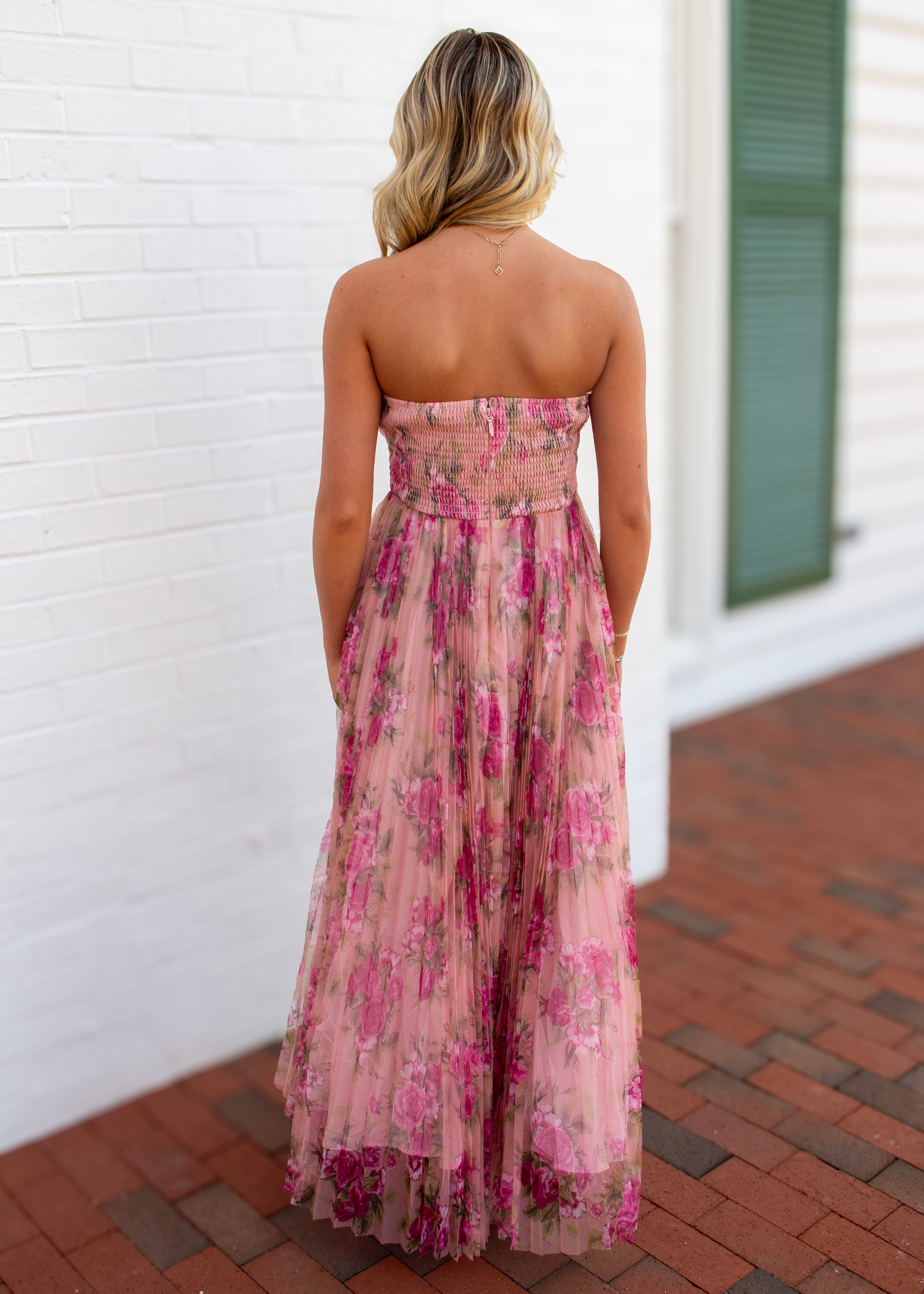 FATE Floral Print Pleated Mesh Maxi Dress in Blush Pink – June Adel