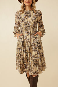 Hayden Floral Print Tiered Dress in Taupe