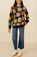 Hayden Retro Daisy Knit Sweater in Black