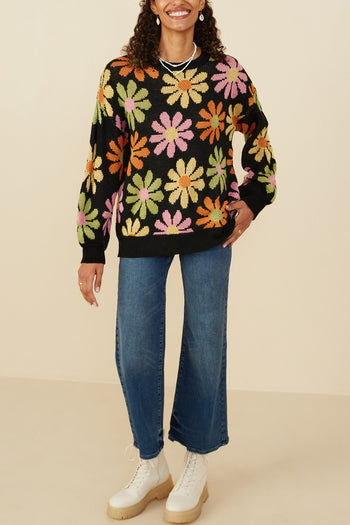 Hayden Retro Daisy Knit Sweater in Black