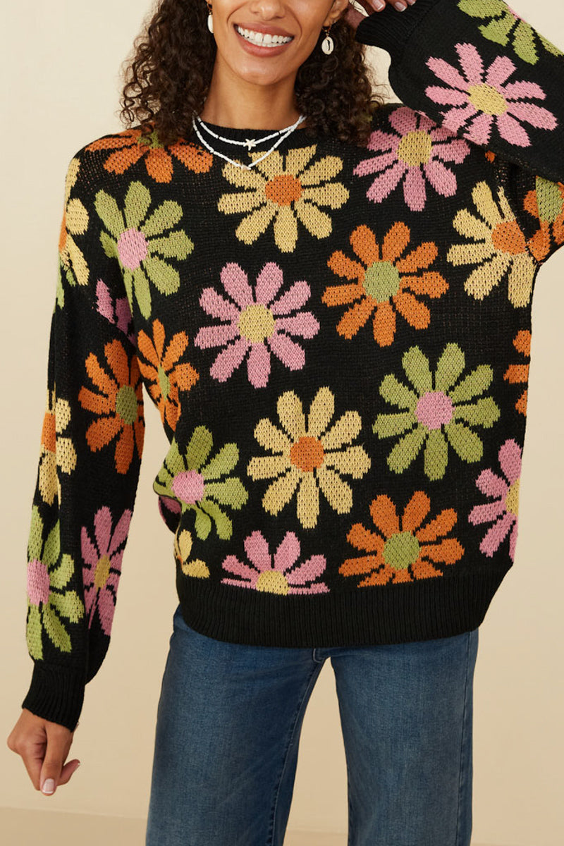Hayden Retro Daisy Knit Sweater in Black – June Adel