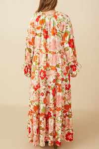 Hayden Satin Floral Print Tiered Maxi Dress in Ivory