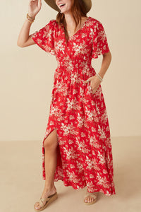 Hayden Floral Print Maxi Dress with Front Slit in Red