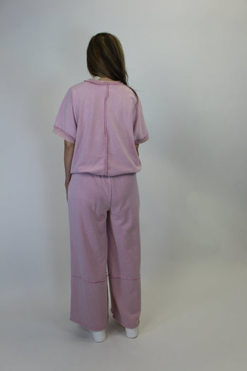 Easel Flower Patched Terry Knit Pants in Dusty Rose