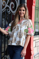 THML Mixed Print Top with Contrasting Print and Embroidery Details in Cream