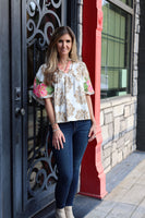 THML Mixed Print Top with Contrasting Print and Embroidery Details in Cream