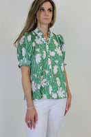 Entro Floral Print Button Down Top in Green