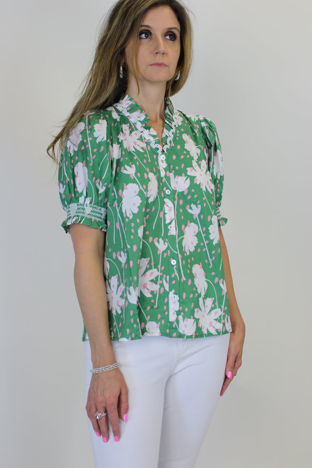 Entro Floral Print Button Down Top in Green S Entro Floral Print Button Down Top in Green S