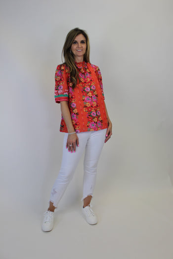 FATE Floral Print Top with Contrasting Print Border in Orange Multi