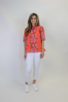 FATE Floral Print Top with Contrasting Print Border in Orange Multi