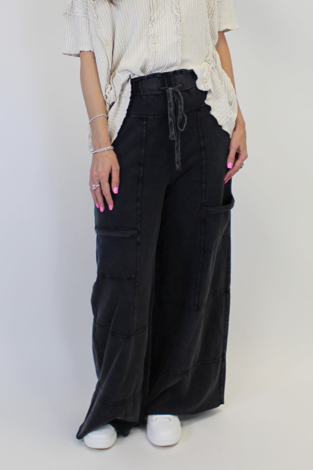 Easel Mineral Washed Terry Knit Pants in Black