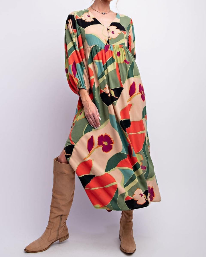 Easel Printed Button Front Dress in Sage Coral Dresses Easel   