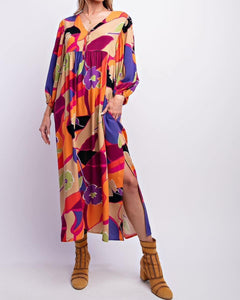 Easel Printed Button Front Dress in Plum Orange Dresses Easel   