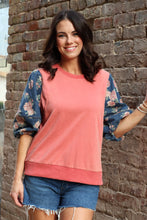 Load image into Gallery viewer, Easel Terry Knit Top with Contrasting Floral Print Denim Sleeves in Boho Red
