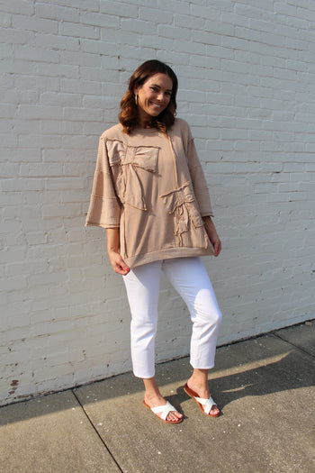 Easel OVERSIZED Top with Bow Patch Details in Latte
