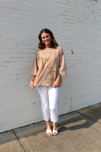 Easel OVERSIZED Top with Bow Patch Details in Latte