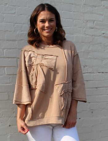 Easel OVERSIZED Top with Bow Patch Details in Latte
