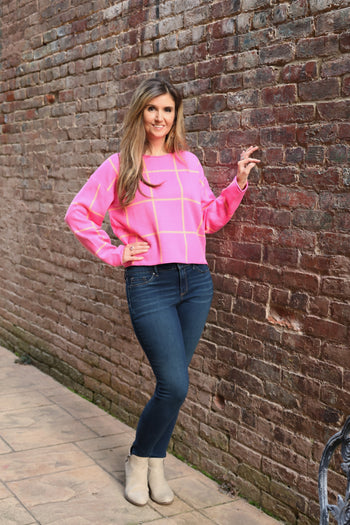 Wishlist Grid Pattern Knit Sweater in Punch/Citrus