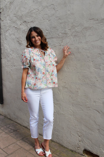 GiGio Floral Print Top with Ric Rac Trim in Blush